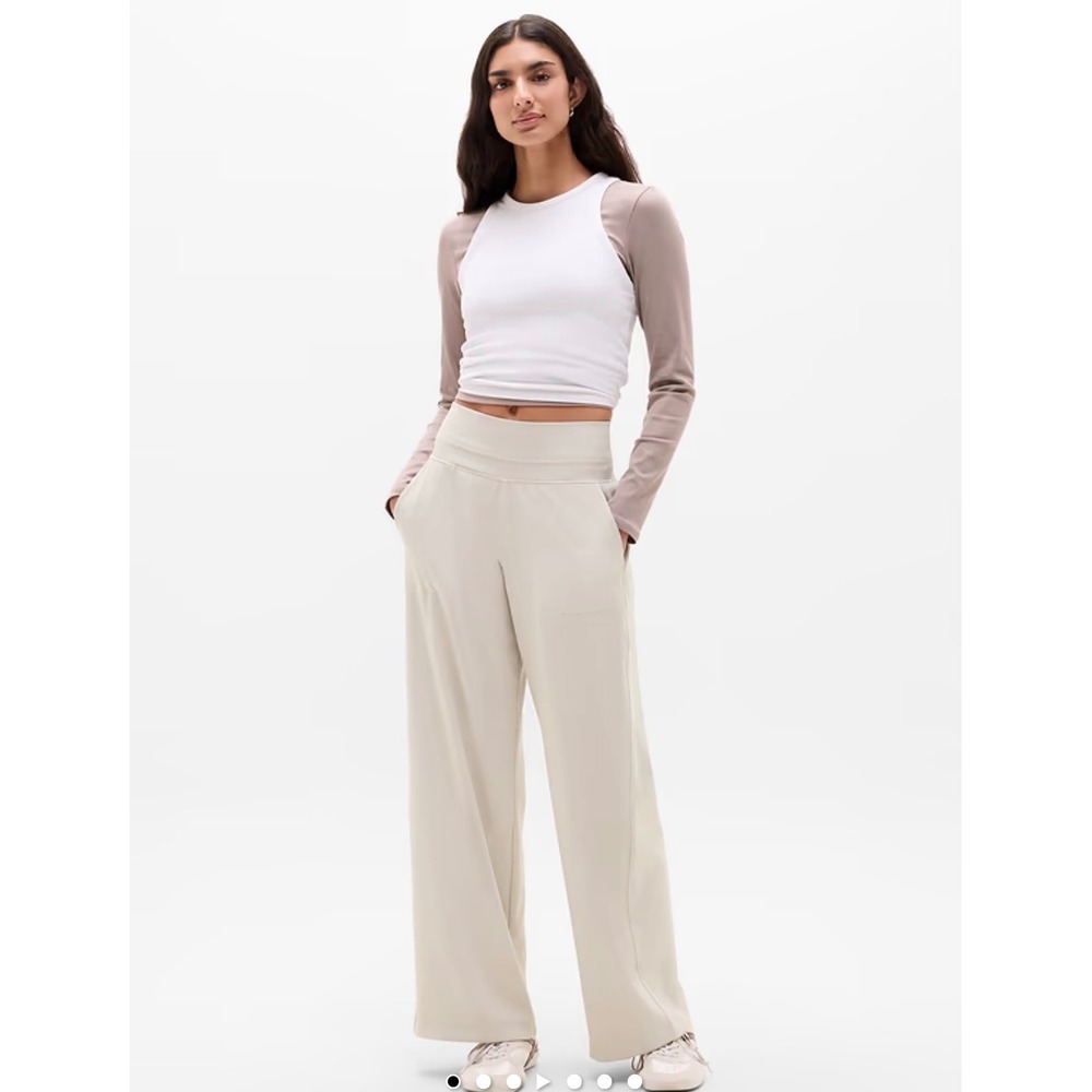 Athleta Venice Wide Leg Pants Beige High Rise Ribbed Waist Womens Small Tall